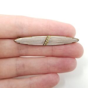 Vintage Gold Tone and White Enamel Pin Stripe Tiny Pearls Bar Brooch Lapel Pin